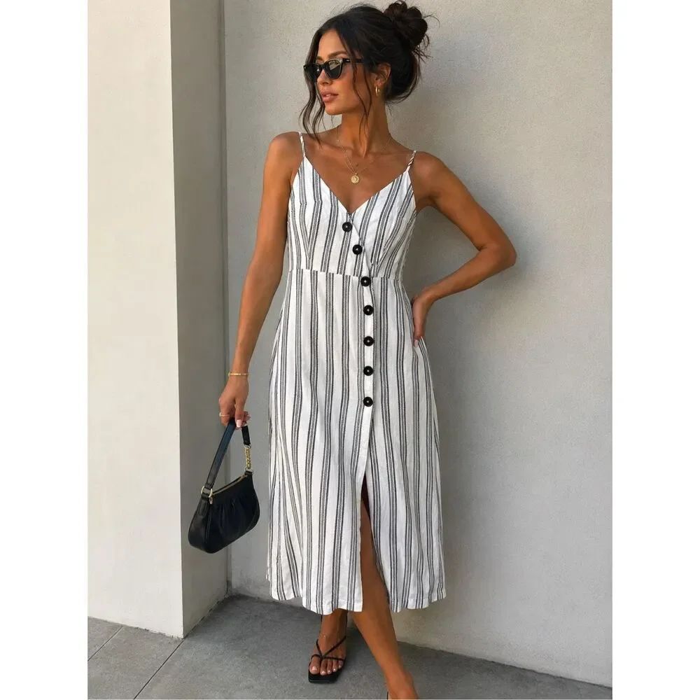 NWOT Forever 21 Contemporary Linen Blend Striped Button Front Midi Dress Size S